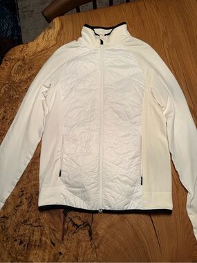 Athleta Cream Quilted Front Jacket with Ribbed Knit Sleeves